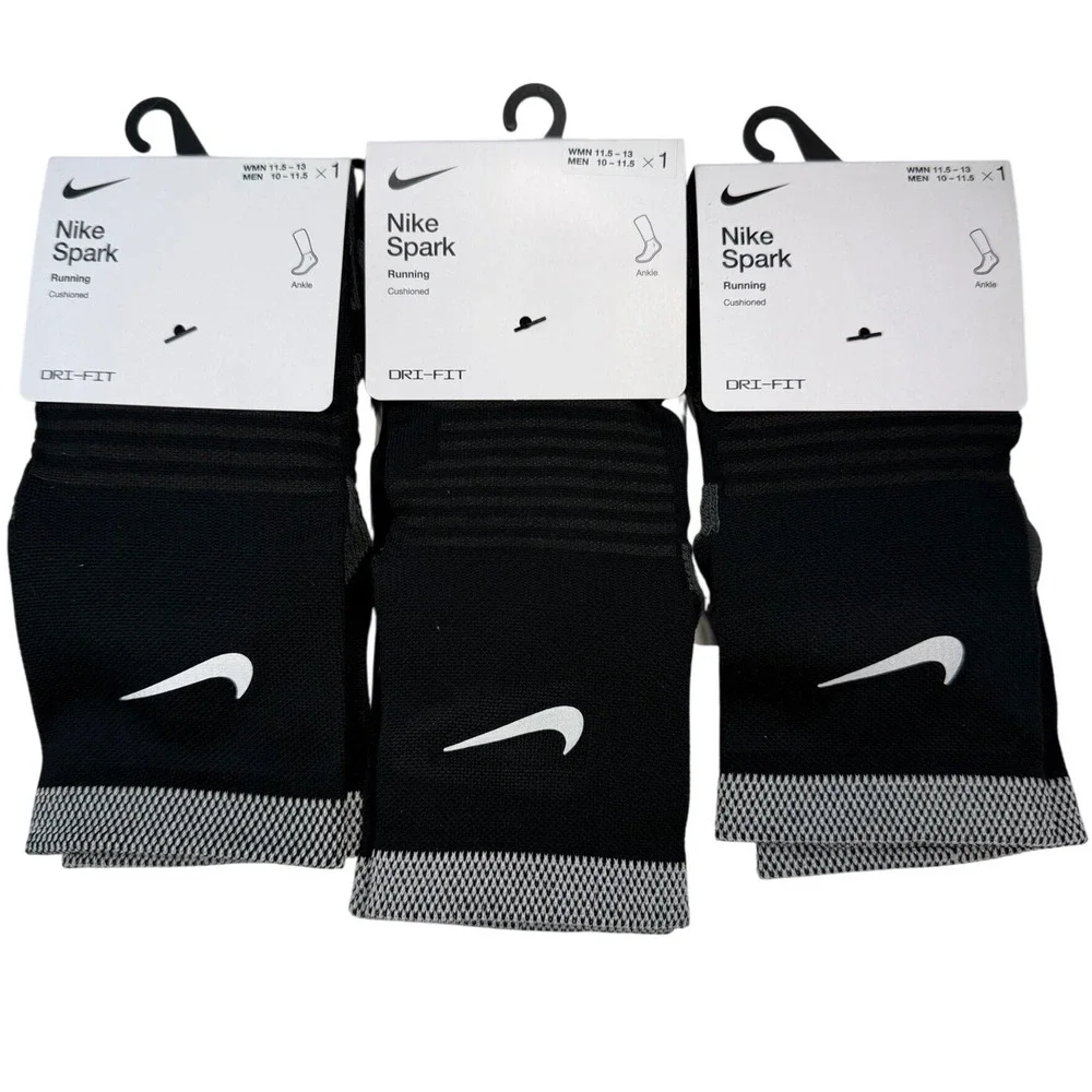 Lot of 3 Nike Spark Running Ankle Socks Black Cushioned Dri-FIT Men's 10-11.5